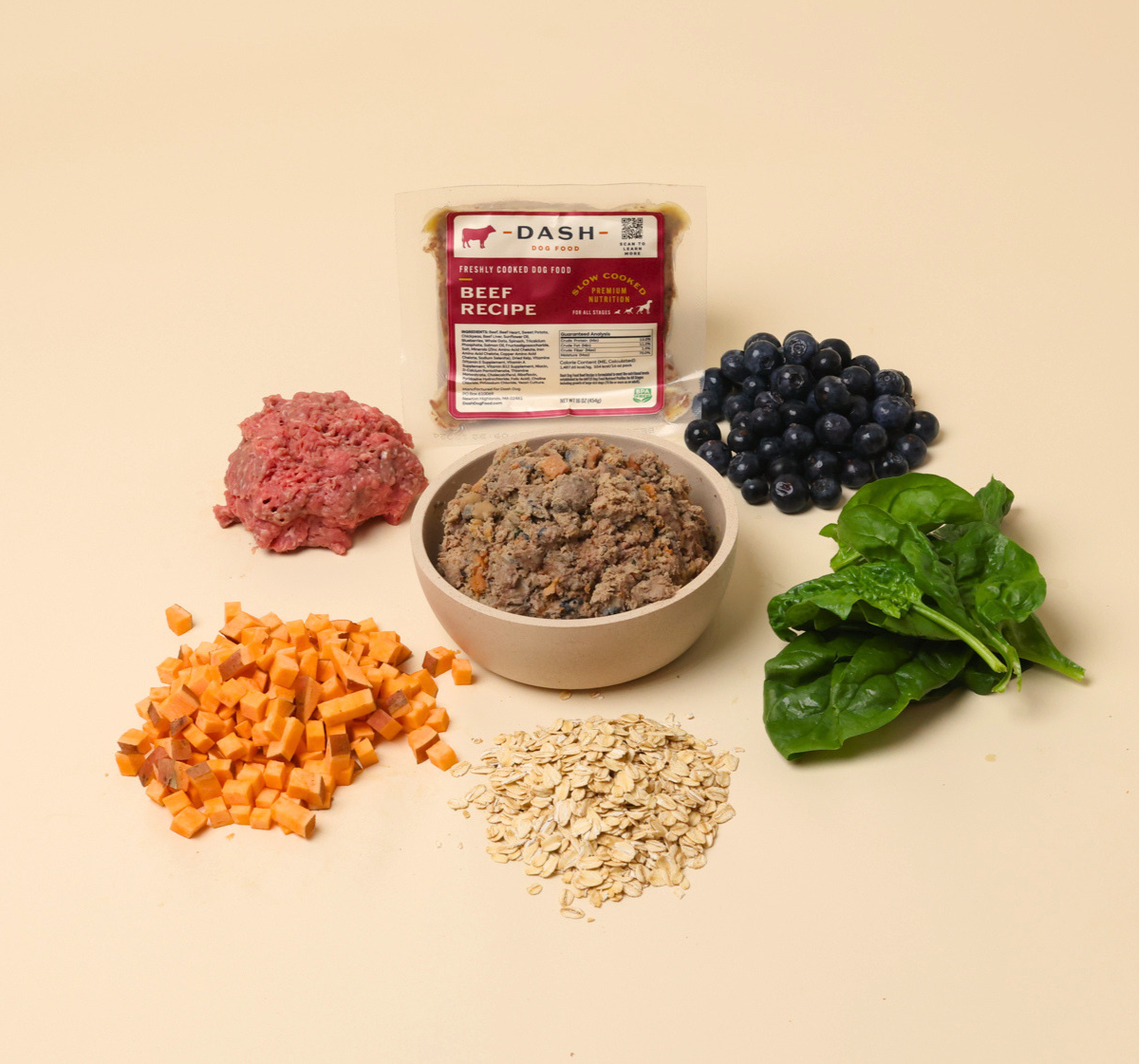 A wooden board with whole DASH ingredients — chicken, sweet potato, blueberries, spinach — the same things you'd reach for in your own kitchen