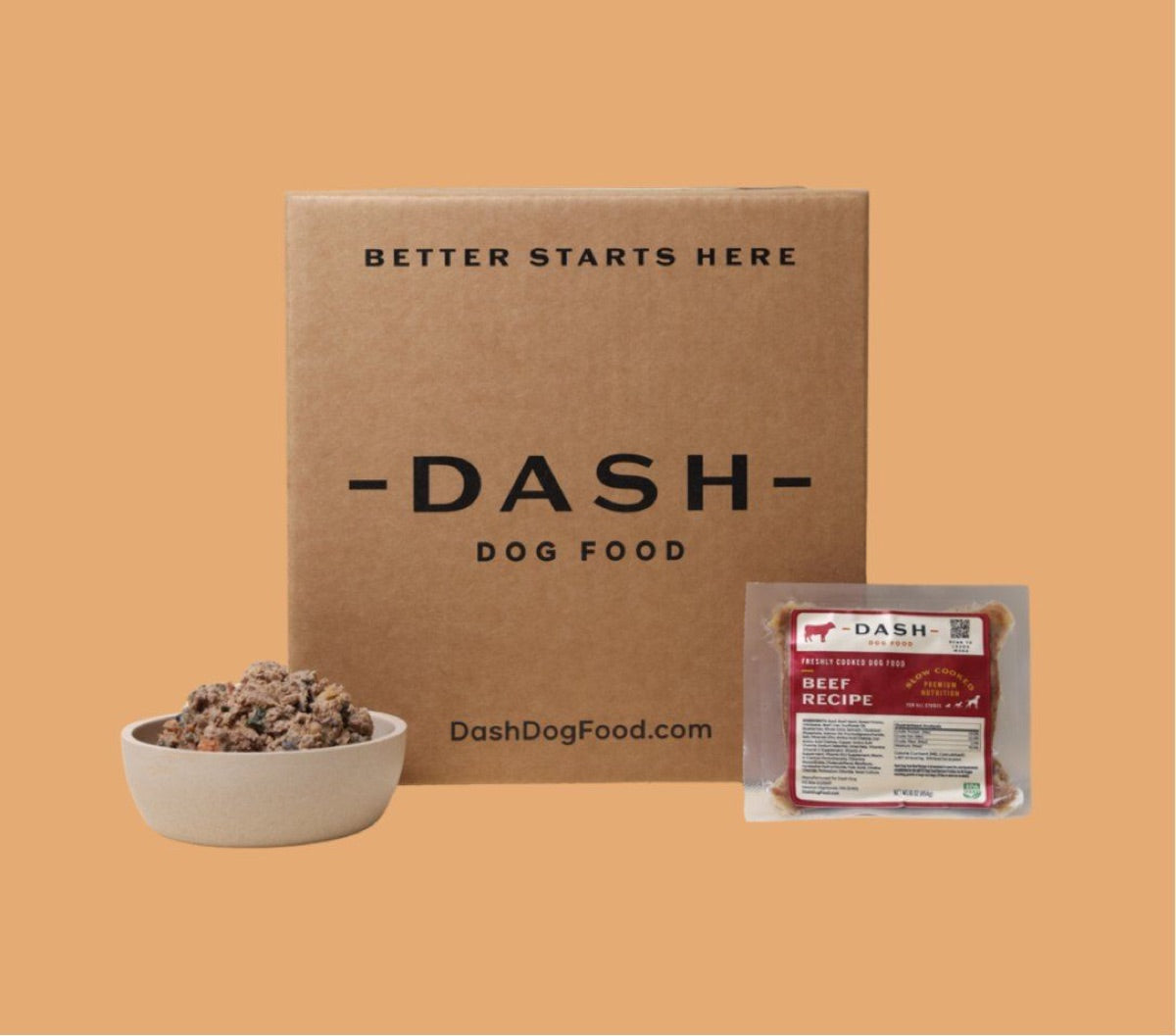 A DASH box with a Beef Recipe pack and a bowl of fresh food
